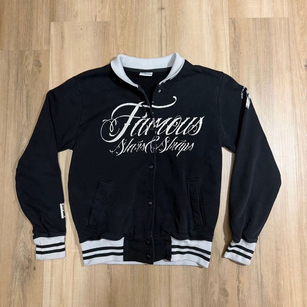Vintage Famous Stars & Straps Black White Varsity Jacket Sz M Y2K Streetwear Alt